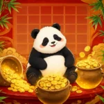 Cartoon panda with three pots of gold coins in front of a 5x5 slot reel grid