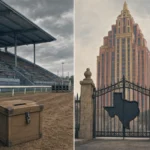 Split illustration contrasting a horse racing track with a Las Vegas resort tower, representing Churchill Downs vs Sands