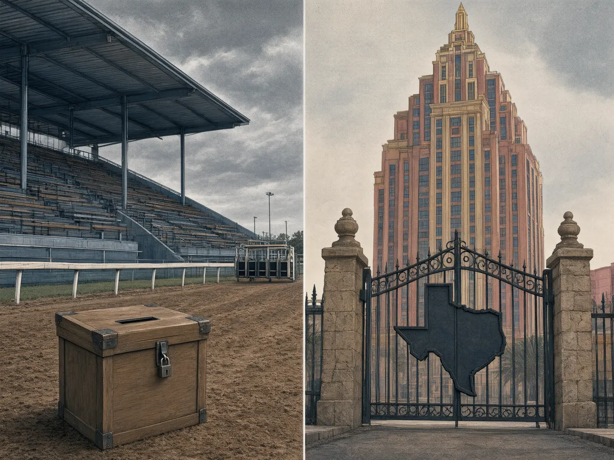 Split illustration contrasting a horse racing track with a Las Vegas resort tower, representing Churchill Downs vs Sands