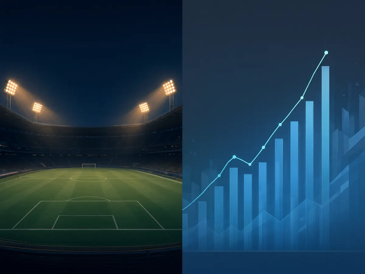 Football stadium under floodlights beside a rising revenue graph representing football betting market growth