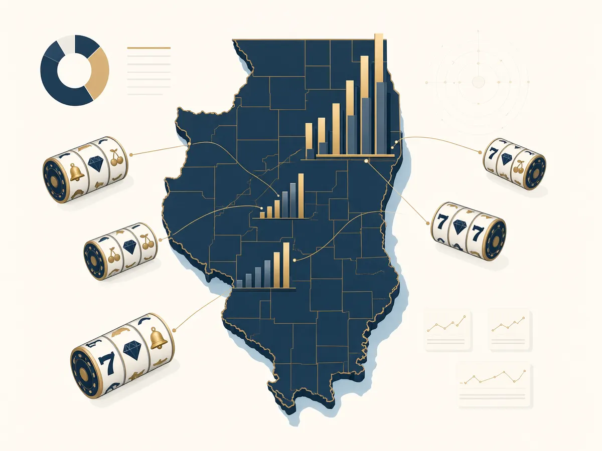 Illustration of Illinois with rising bar charts representing monthly casino revenue growth