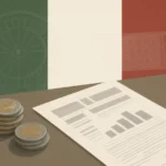 Illustration of Italian budget papers and euro coins representing Italy's proposed gambling tax