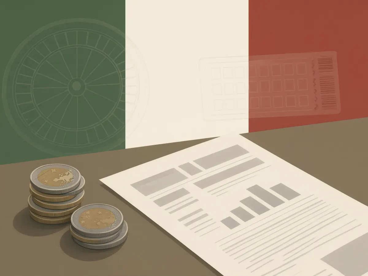 Illustration of Italian budget papers and euro coins representing Italy's proposed gambling tax