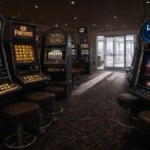Rows of slot machines on a Las Vegas casino floor with empty chairs