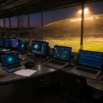 Press box laptops showing football data and odds tables, illustrating sports media and betting convergence